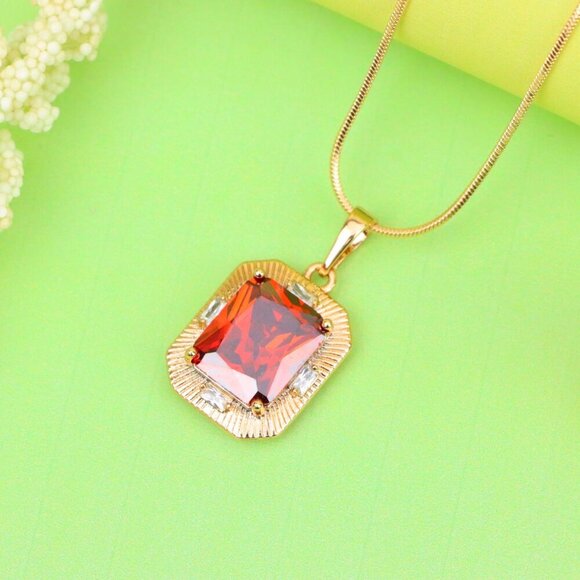 "Red Rectangle Pendant with Gold Frame and Sparkling Stone Accents, XPPT1787 - Picture 11 of 12
